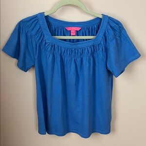 LILLY PULITZER 100% Cotton Tee Square Neck Smocked Blue Short Sleeve S